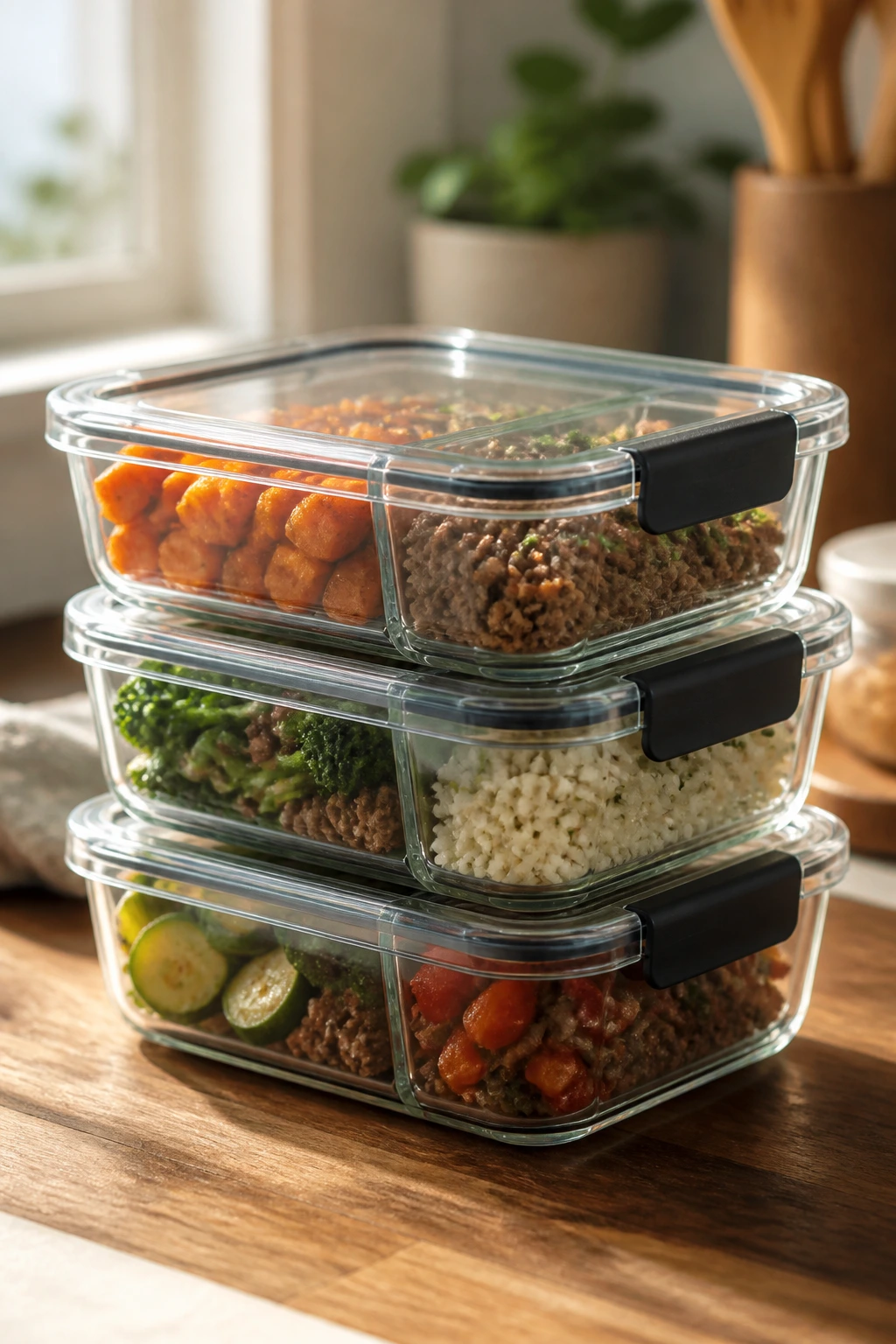 Close-up of stacked glass meal-prep containers ready for refrigeration