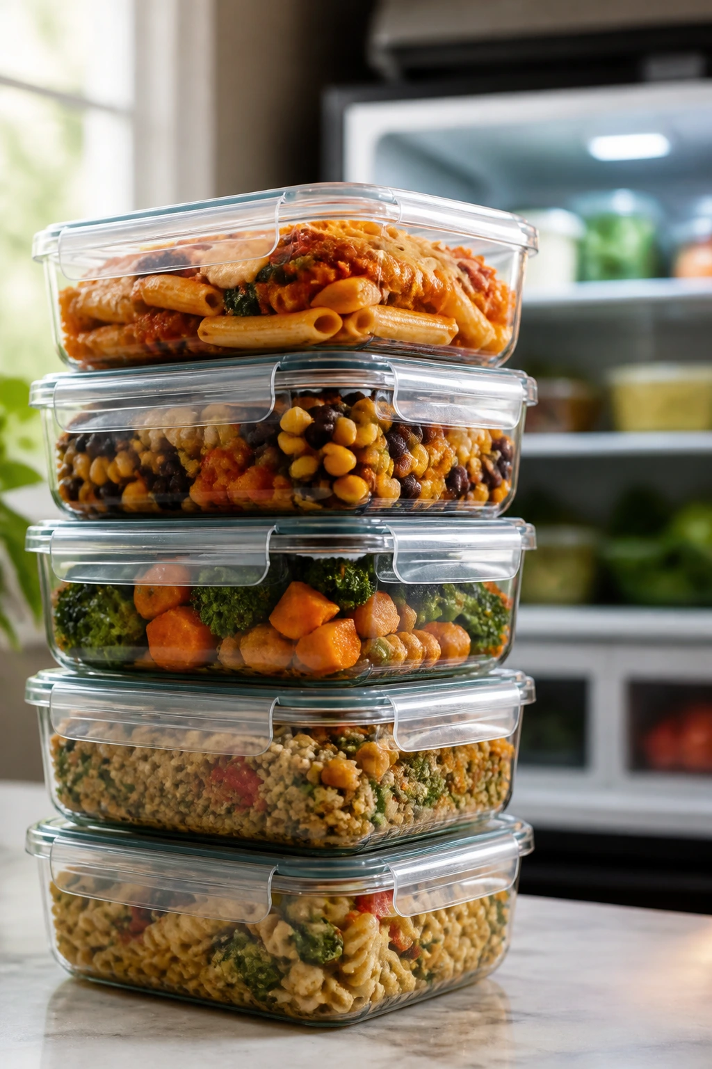 Close-up of glass meal-prep containers with colorful vegetarian dinners in fridge-ready storage