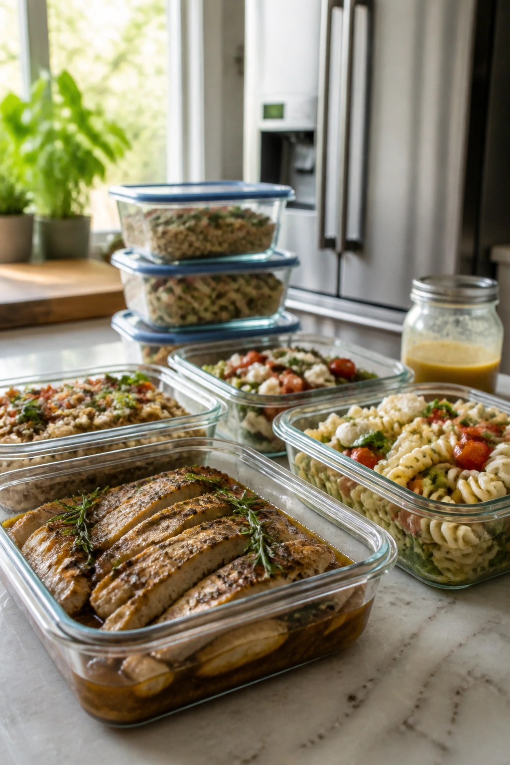 Glass meal-prep containers with pasta salad and marinated chicken in a bright kitchen setting