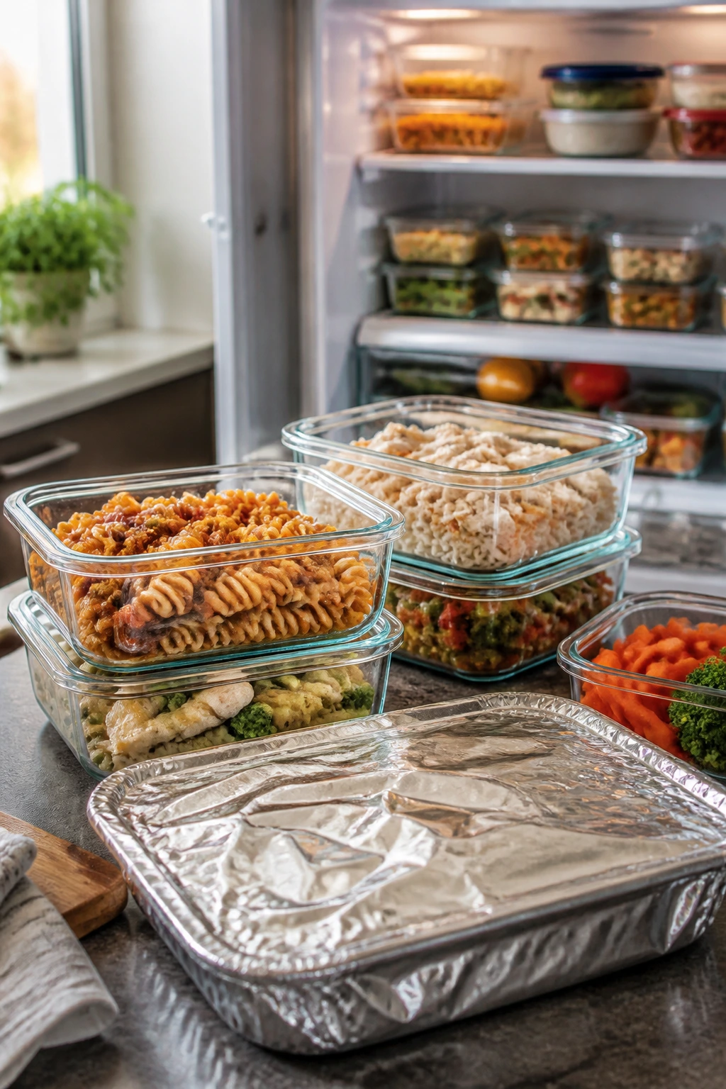 Close-up of meal-prep containers in a kitchen, illustrating make-ahead storage and reheating