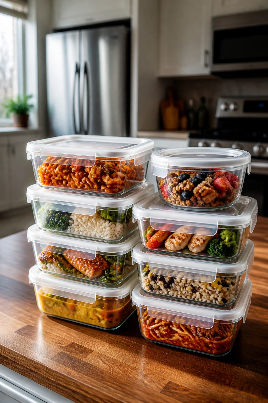 Close-up of glass meal-prep containers on a wooden counter