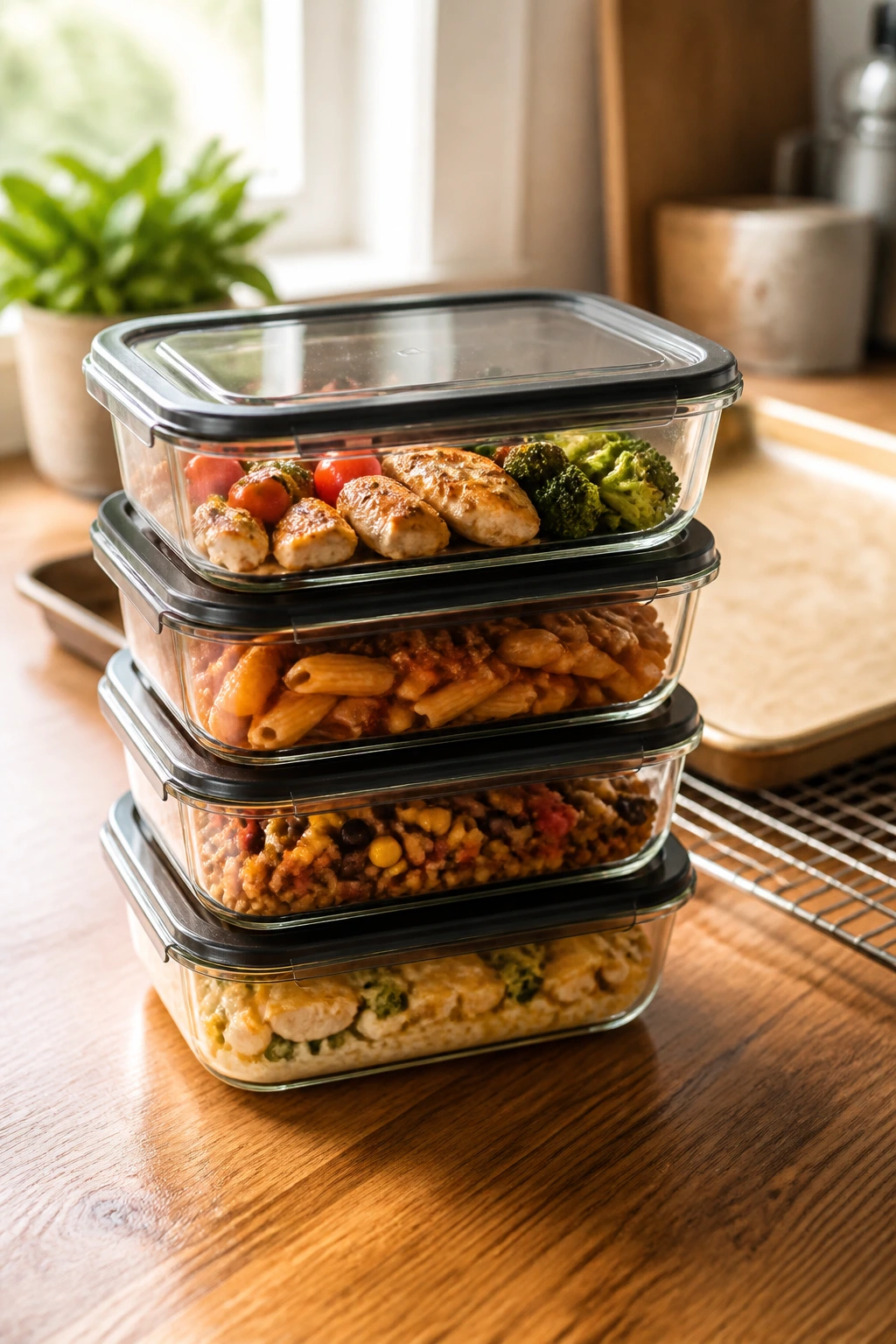Stack of glass meal-prep containers on a kitchen counter illustrating make-ahead storage and reheating.