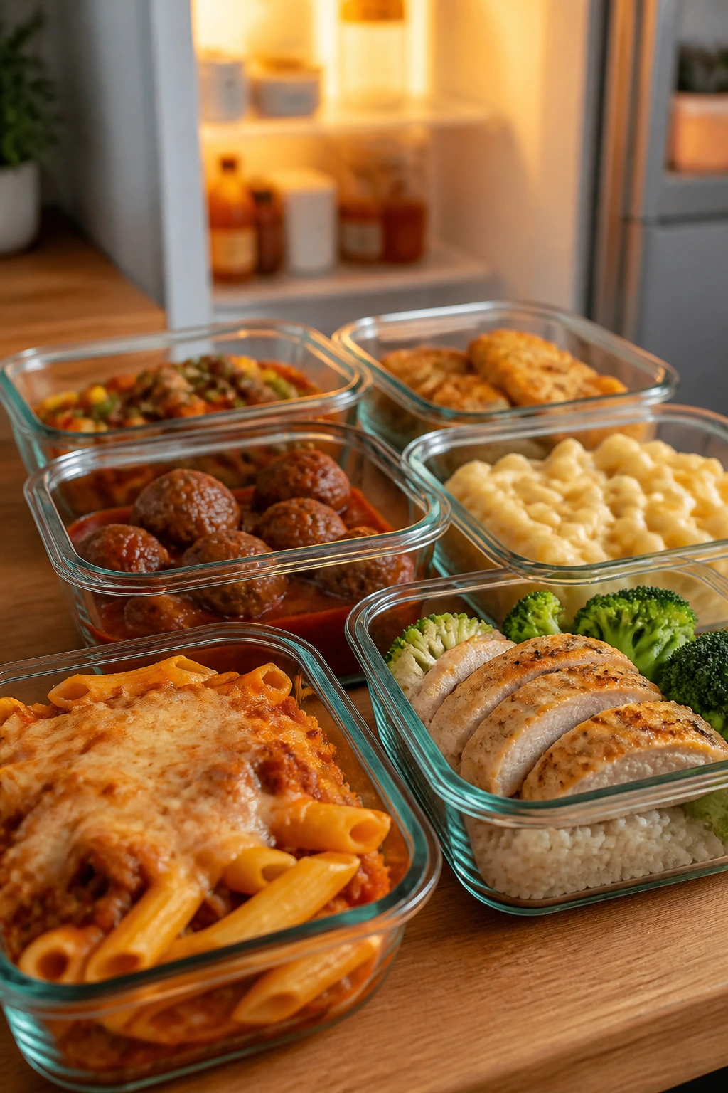 Close-up of glass meal-prep containers with colorful kid-friendly meals on a kitchen counter