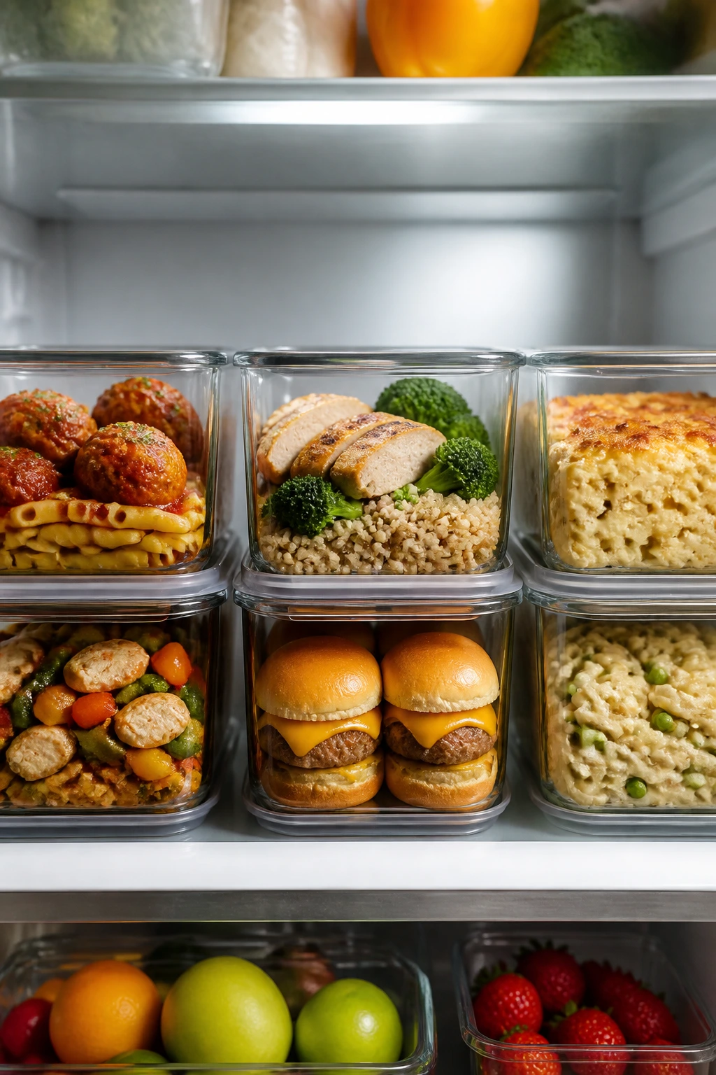 Row of glass meal-prep containers in fridge representing family-friendly storage and reheating guidance