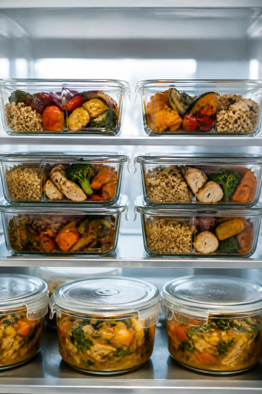 Glass meal-prep containers on fridge shelf with colorful meals.