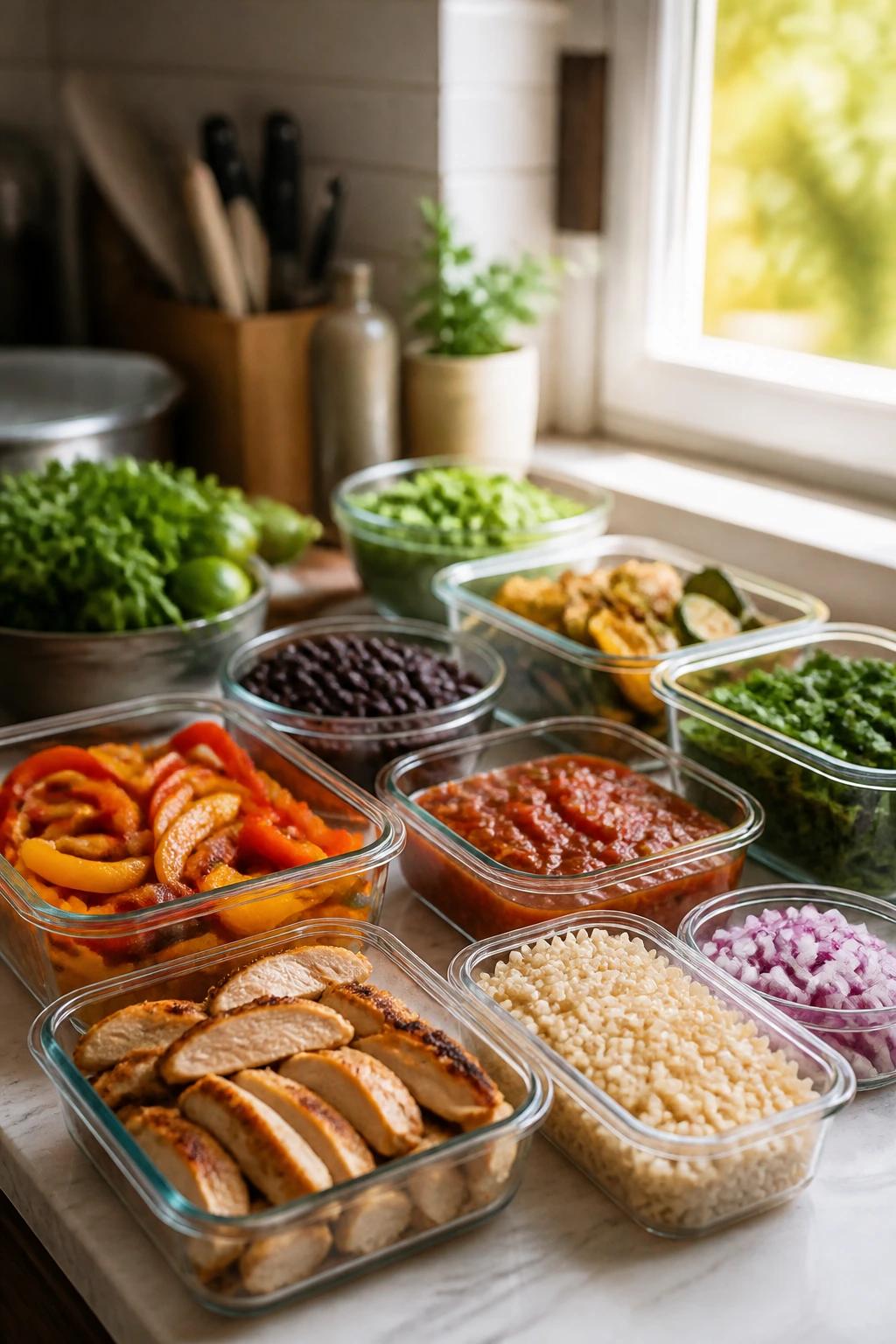 Close-up of prepped bowls and ingredients on a kitchen counter for Sunday meal prep