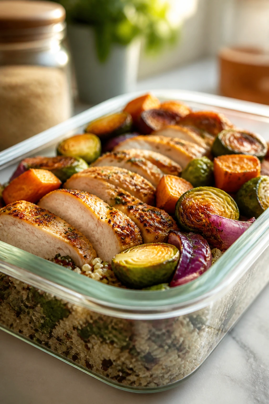 Close-up of fridge-ready meal-prep container with chicken vegetables and quinoa
