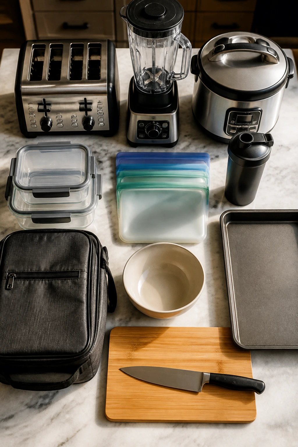 Top-down view of essential kitchen tools for pre-workout meal prep