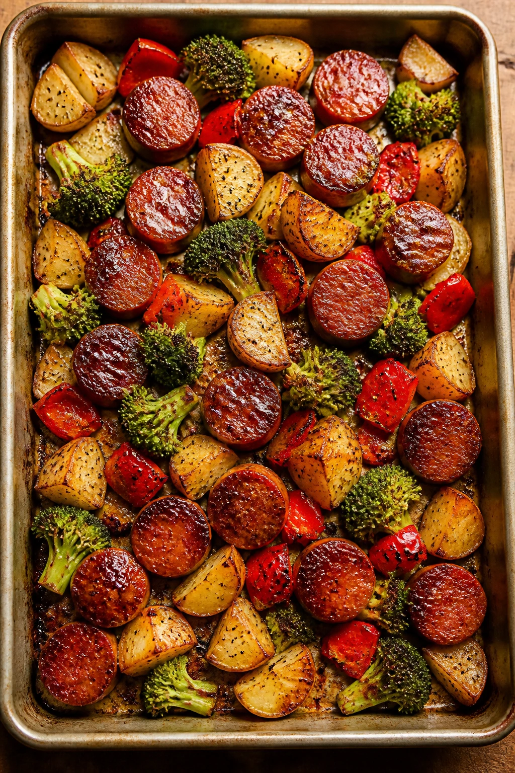 Sheet pan meal prep tray with sausage, potatoes, broccoli, and peppers ready for roasting