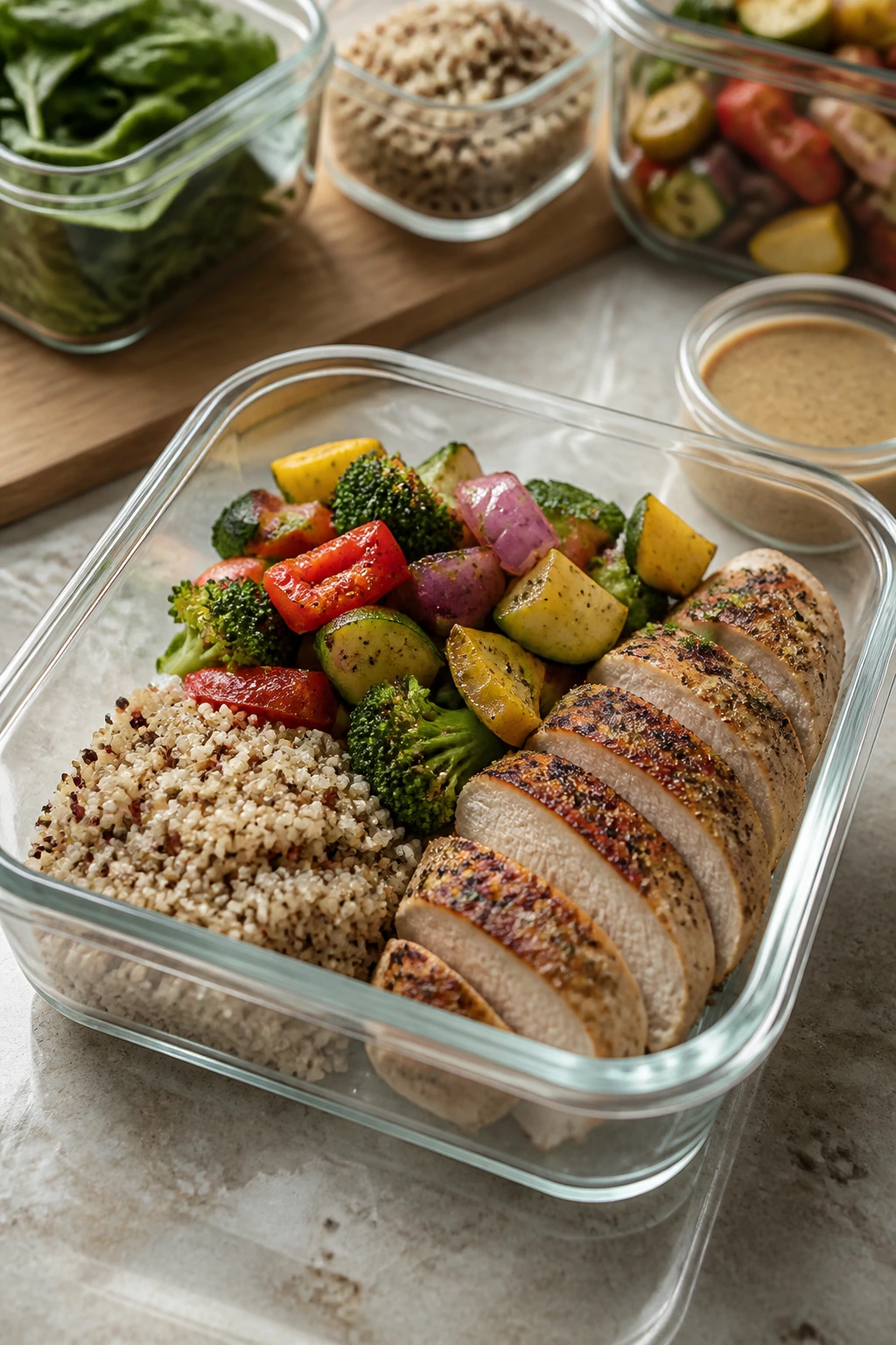 Meal-prep container with balanced under-500 meal