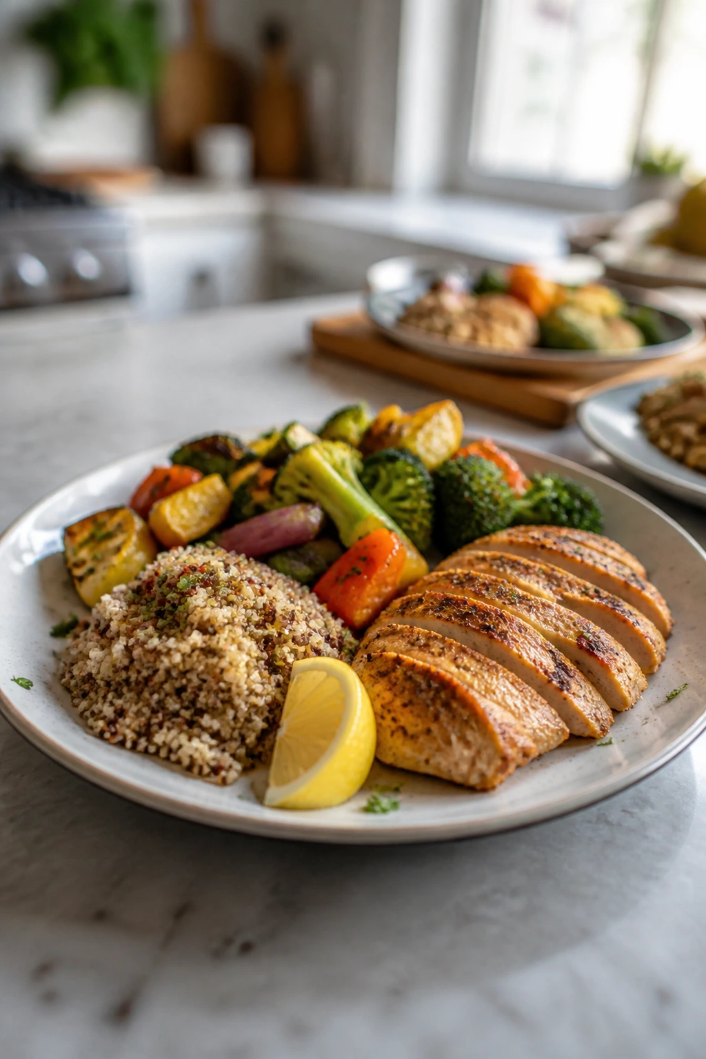 Close-up of a balanced 500-calorie dinner plate with protein, vegetables, and grains on a kitchen counter