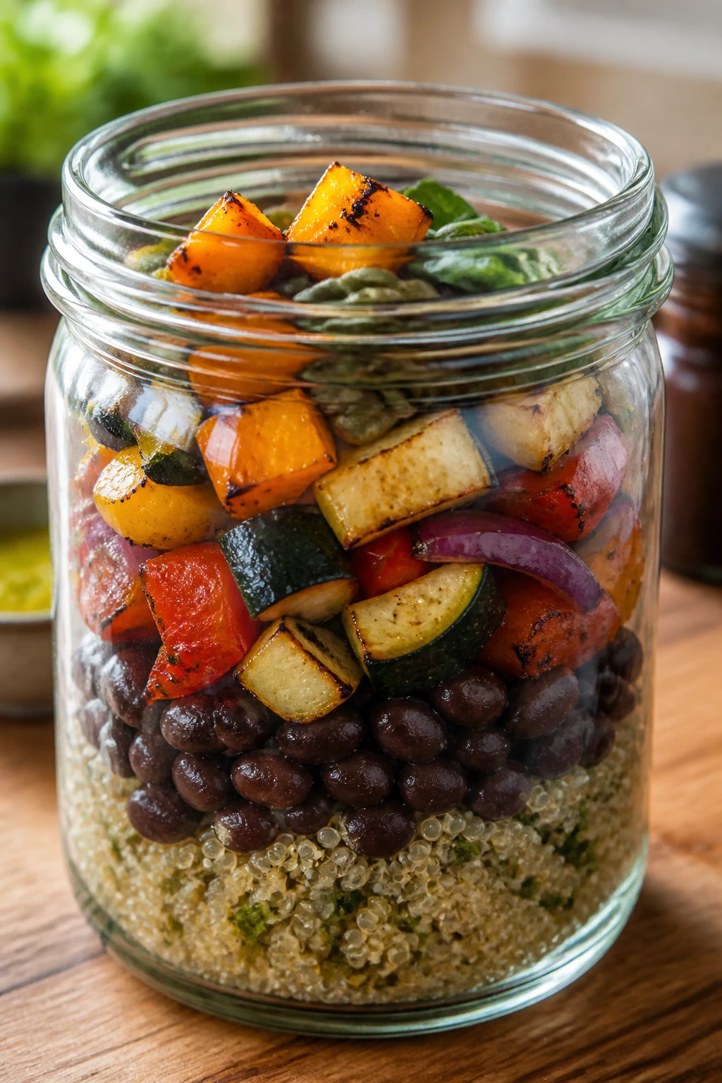 Close-up of a layered meal-prep jar on a warm kitchen counter