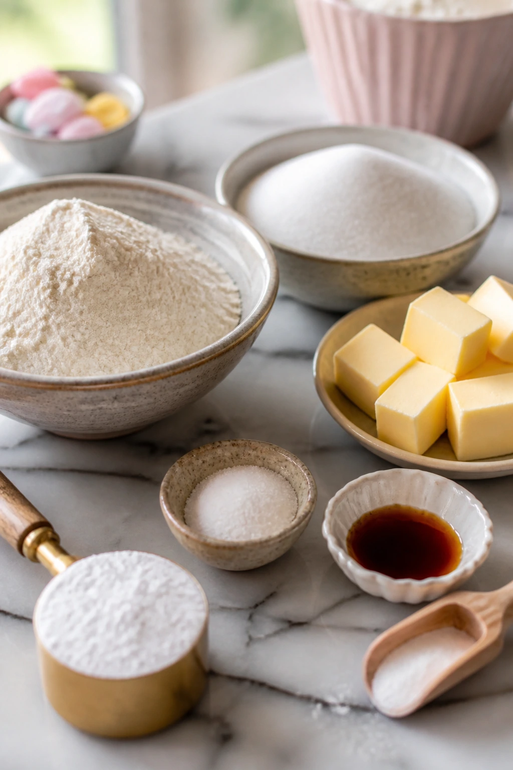 Measured cake ingredients arranged on counter