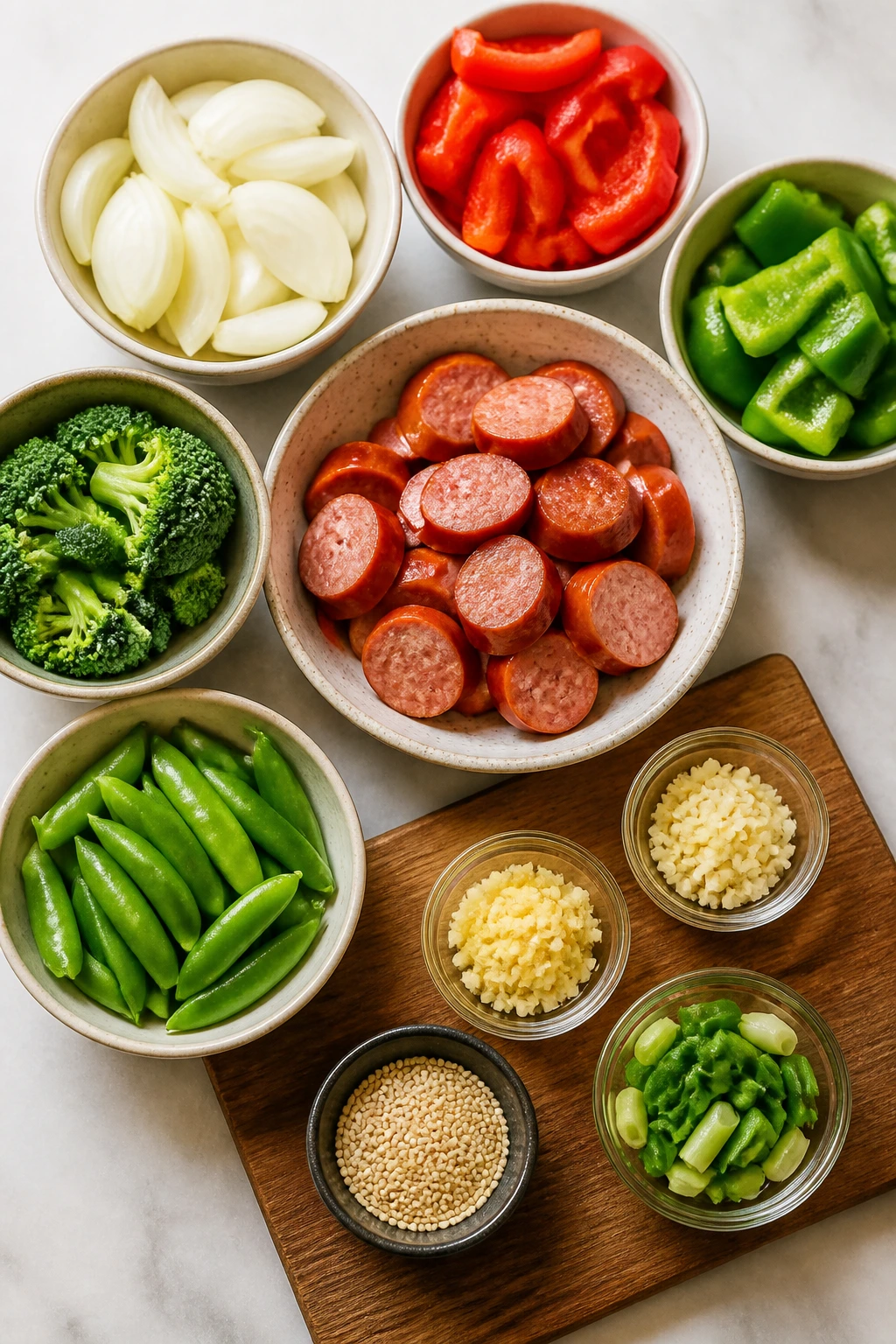 Top-down view of pre-measured stir-fry ingredients on a kitchen counter