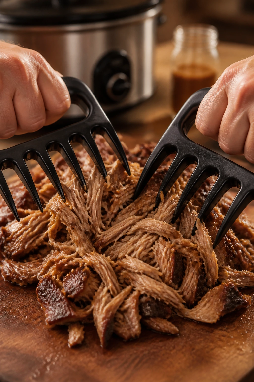 Meat claws gripping shredded pork in a kitchen