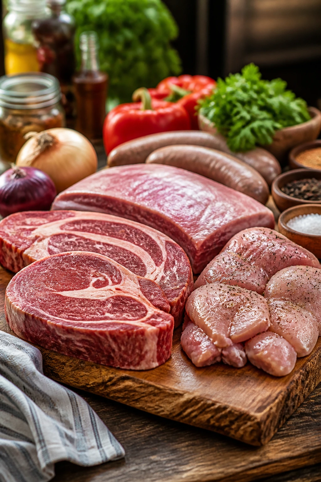 Close-up of a butcher board with fresh meat and produce for a cookout