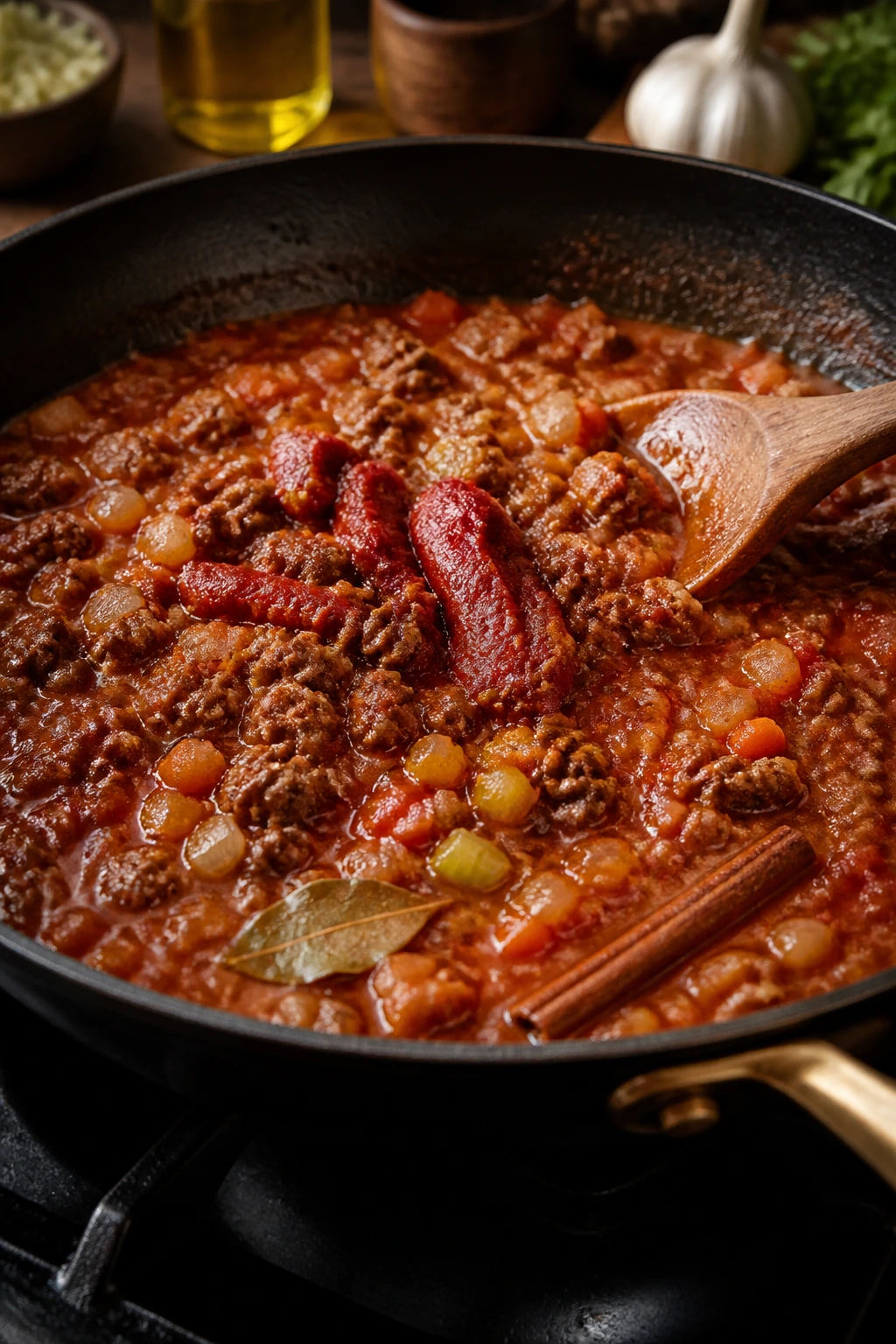 Meat sauce simmering with visible vegetables and spices in a skillet