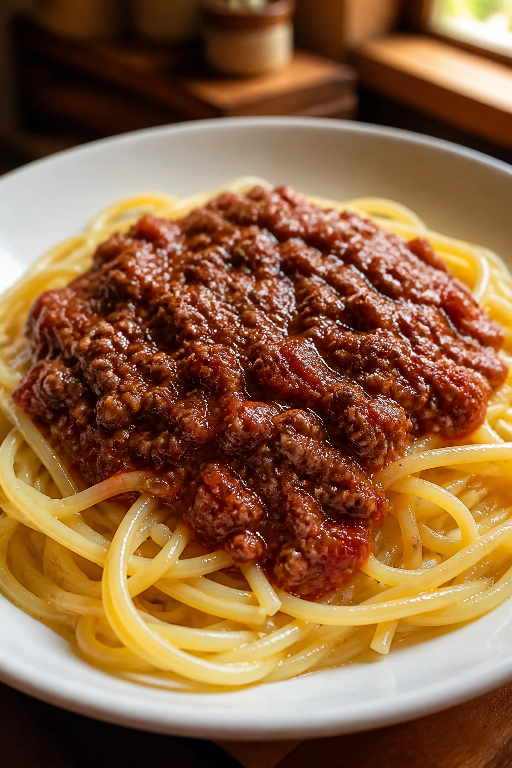 Beef meat sauce over buttered pasta on white plate in a warm kitchen