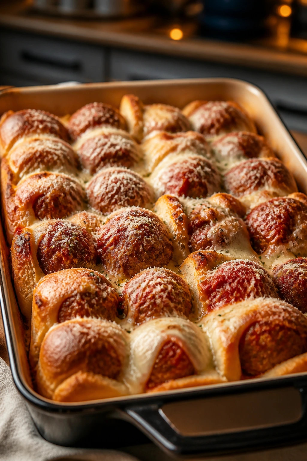 Close-up of meatball sub bake with melted mozzarella.