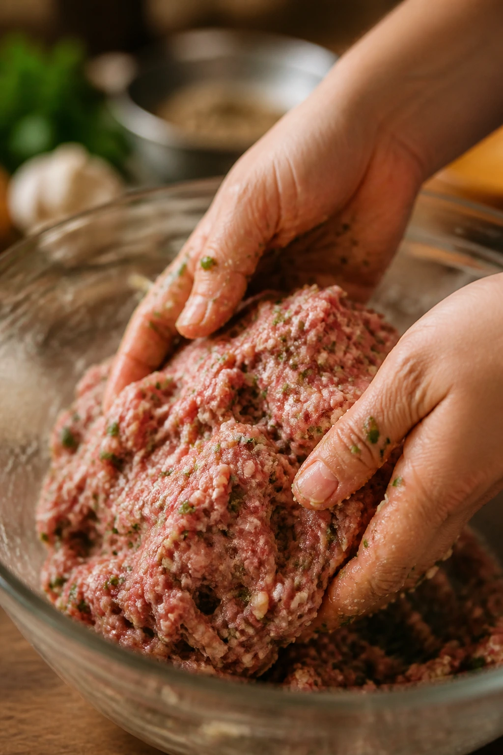 Close-up of soft meatball base mixture