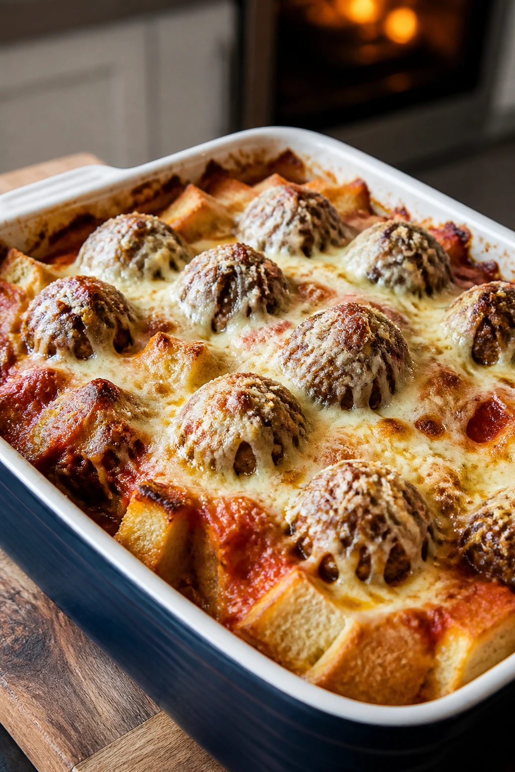 Bubbling meatball casserole with melted cheese in a warm kitchen