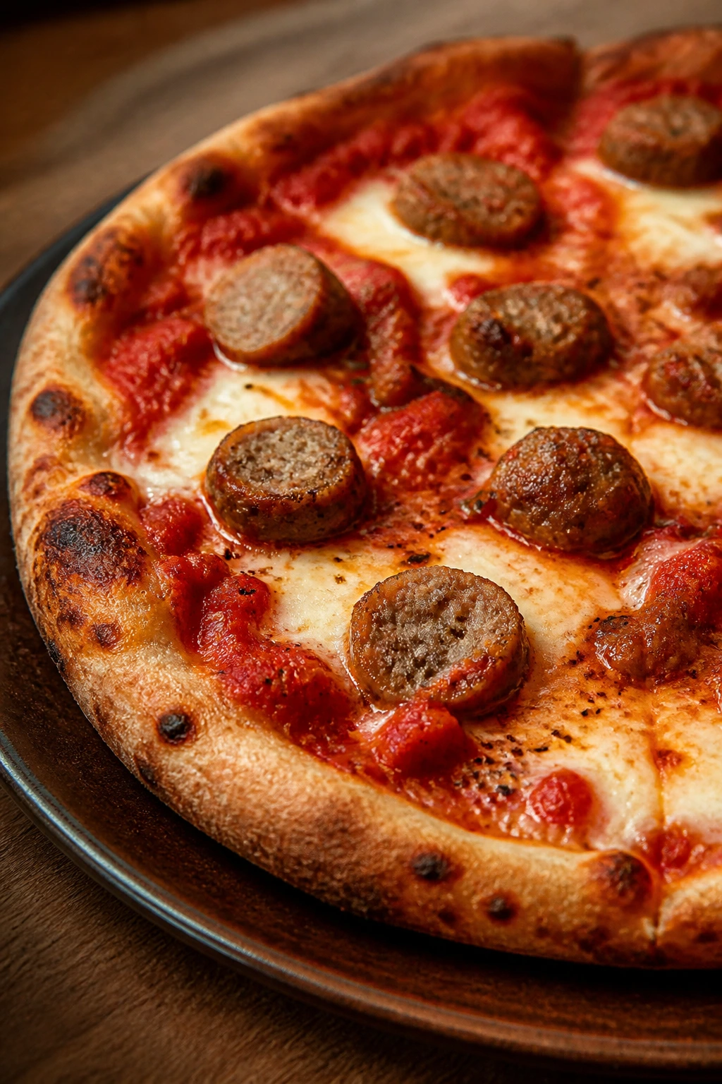 Close-up meatball crushed tomato pizza