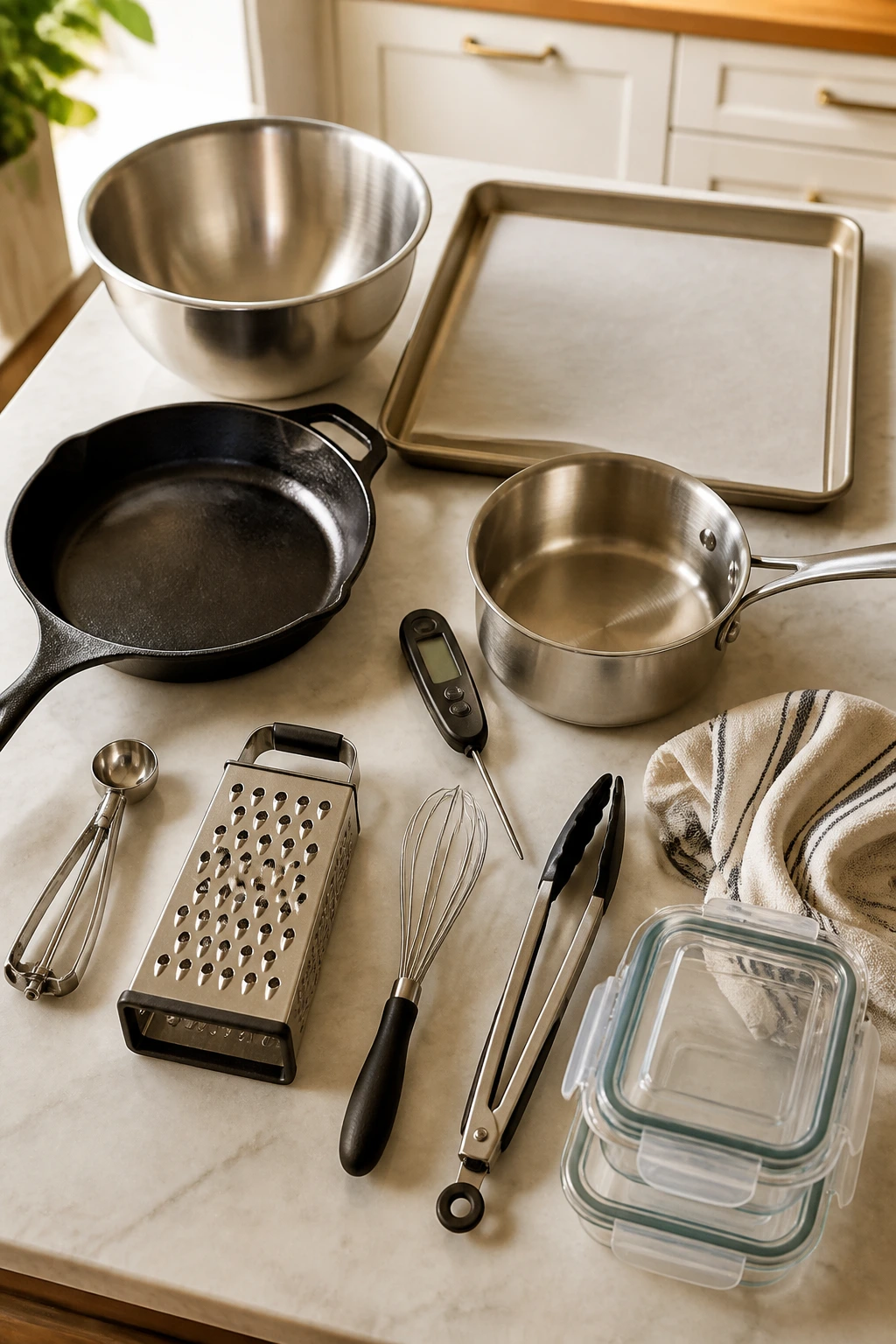 Top-down view of essential meatball equipment on a kitchen counter