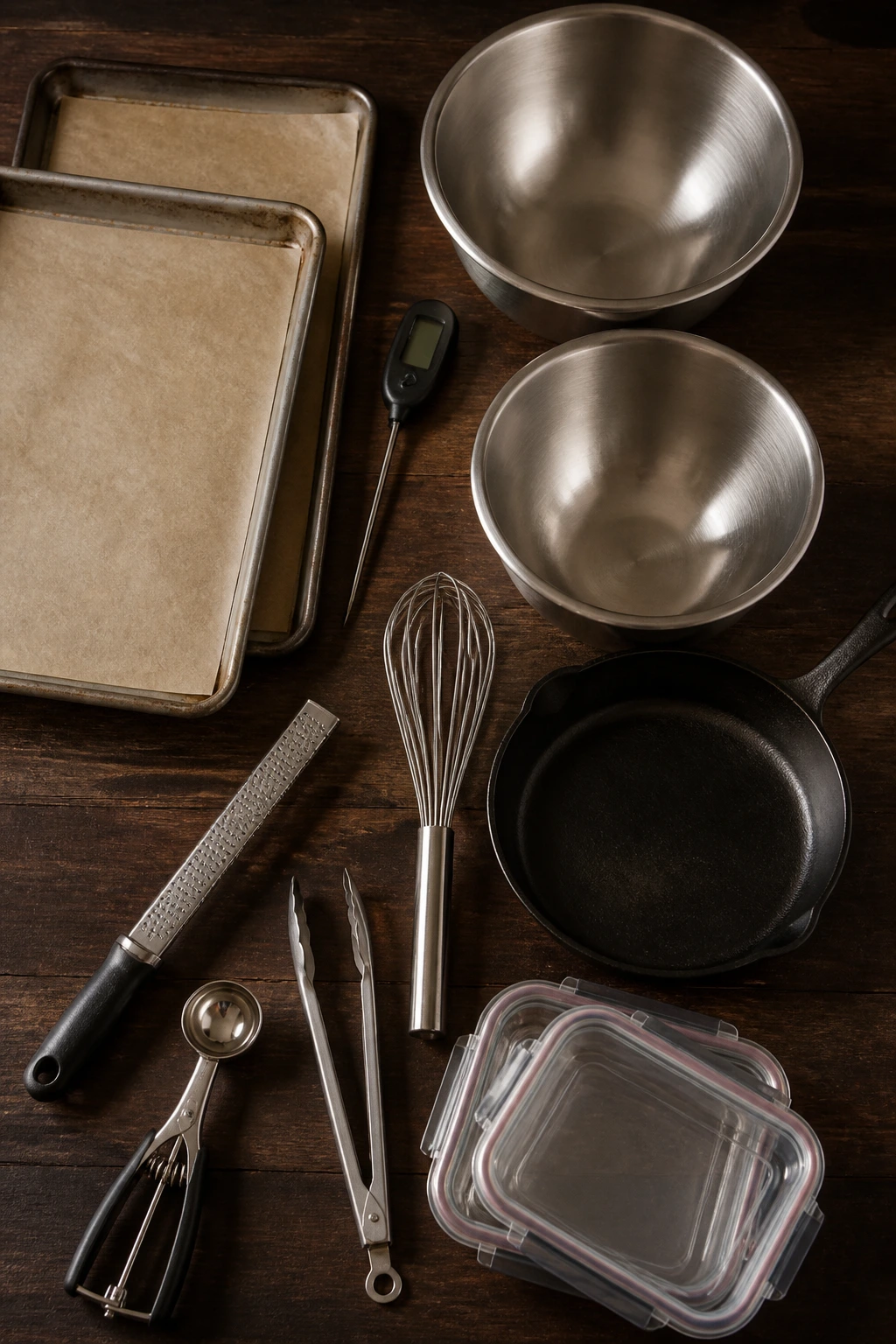 Top-down view of essential meatball-making equipment on a kitchen counter