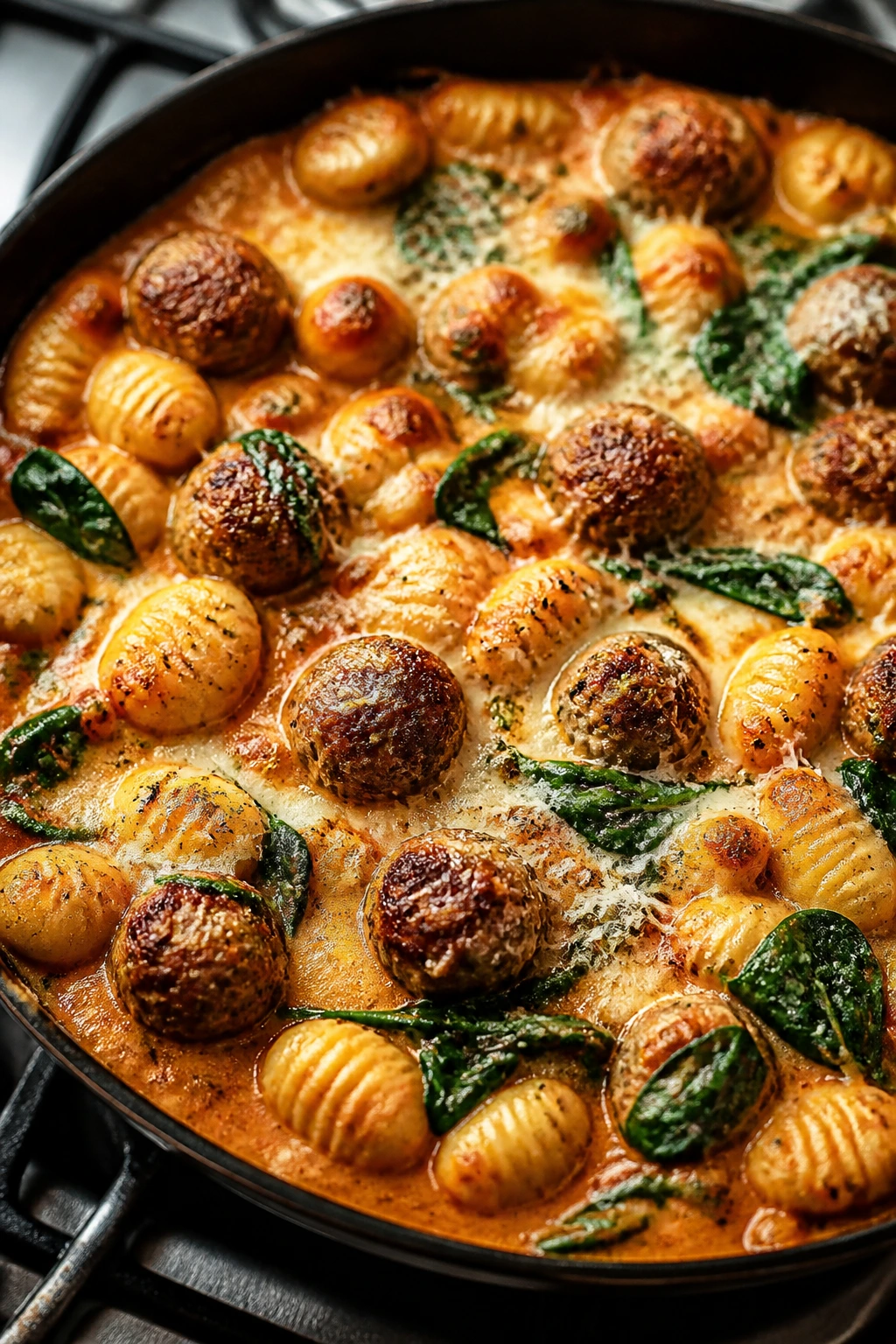 Close-up of one-pan gnocchi meatballs with spinach in tomato-cream sauce