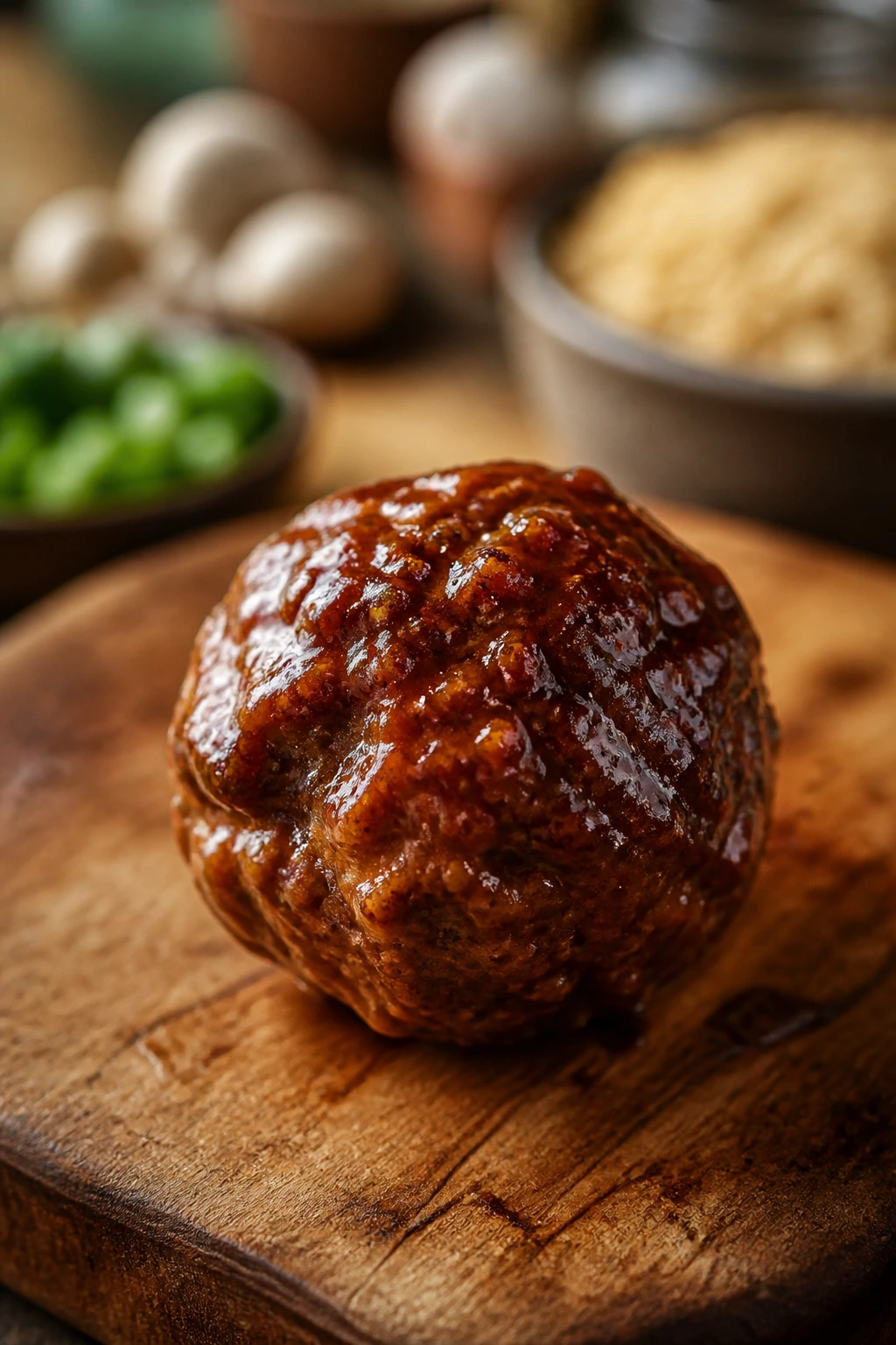 Close-up of a single meatball on a wooden board