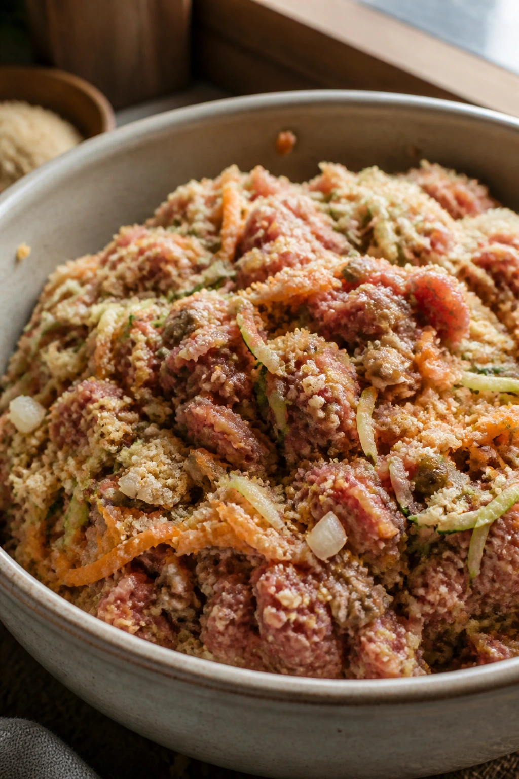 Close-up of raw meatball mixture with breadcrumbs and grated vegetables on a kitchen counter