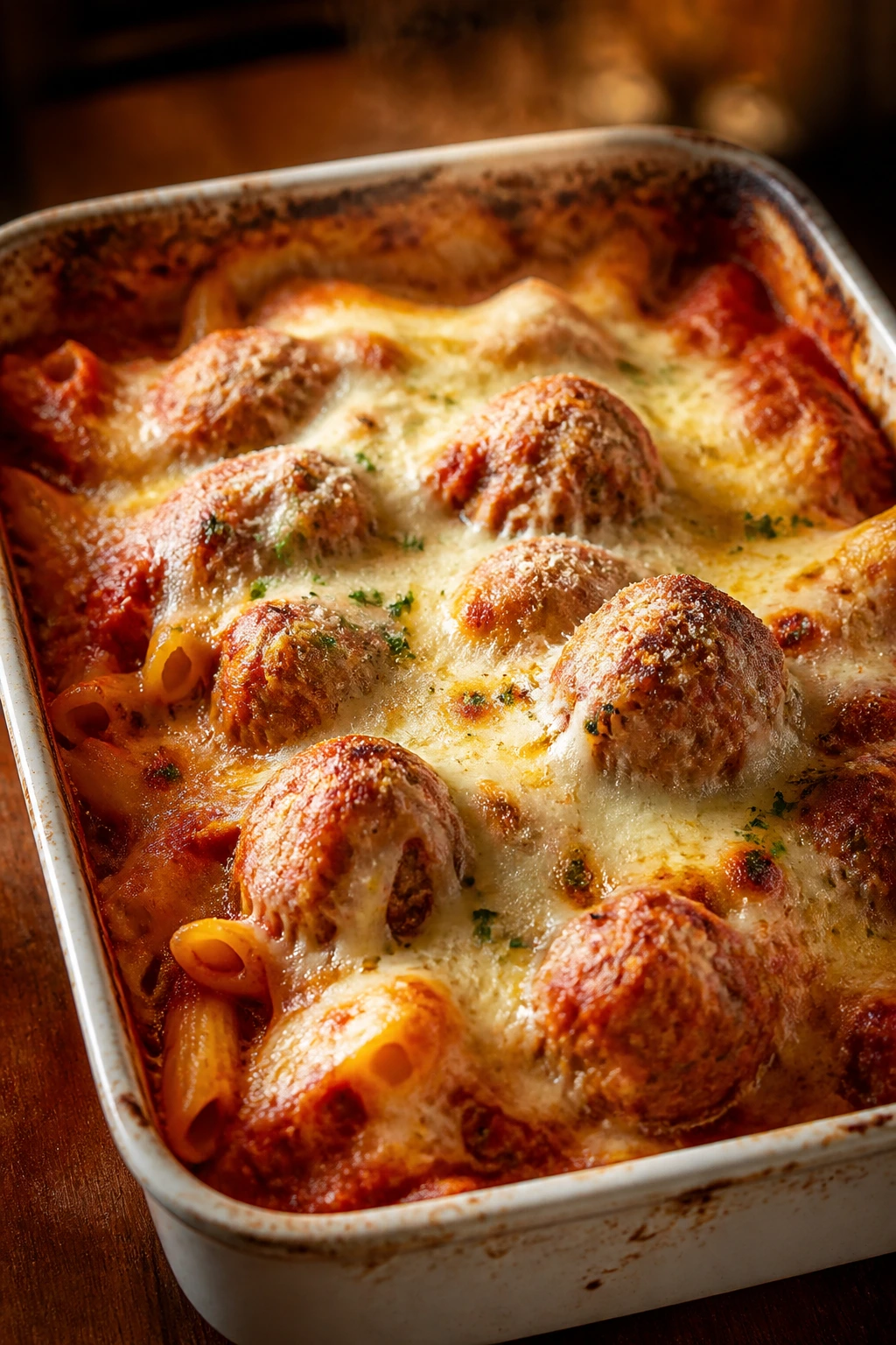 Cheesy meatball parmesan casserole bubbling in pan