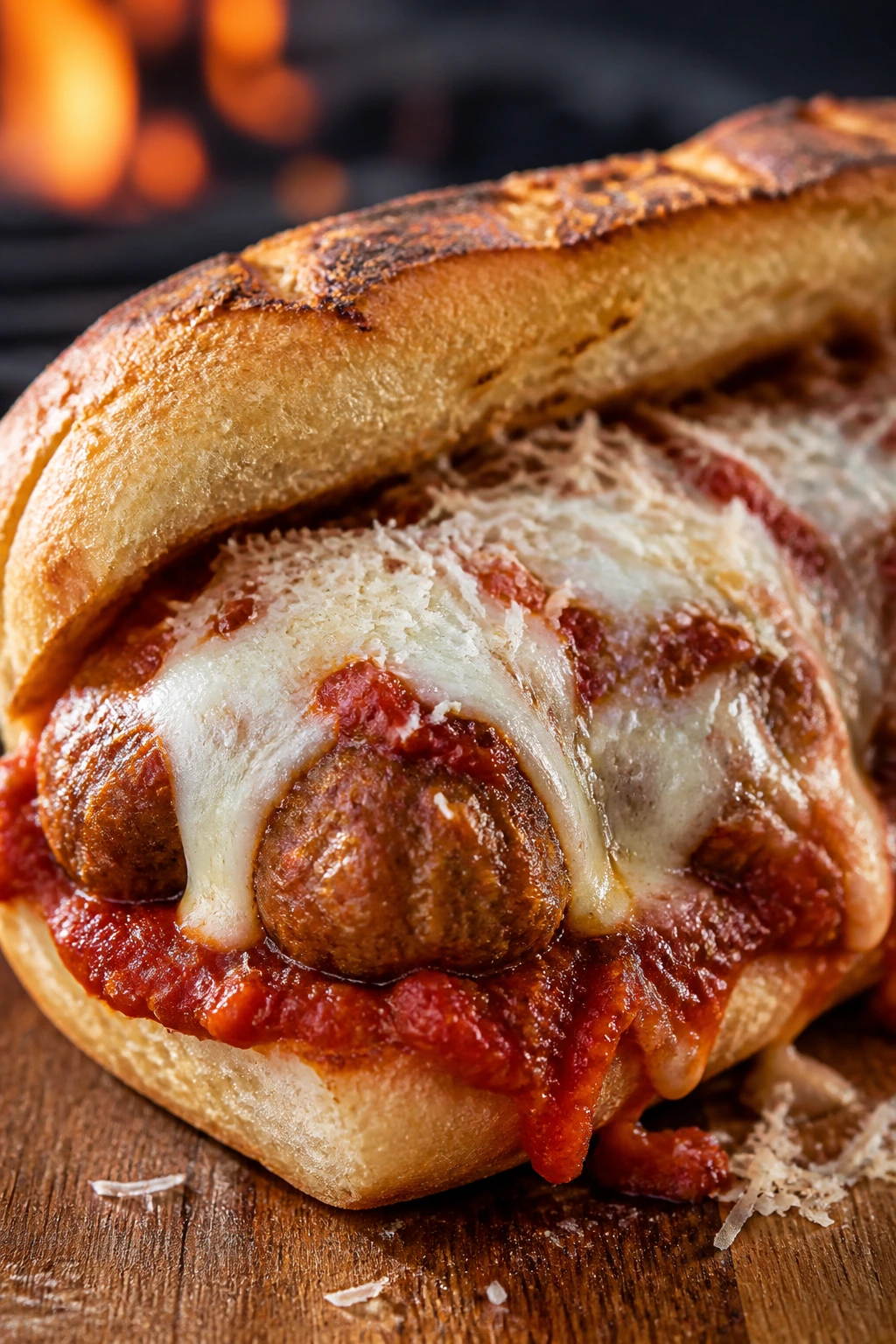 Close-up of a meatball parmesan sandwich with melted mozzarella on a toasted roll