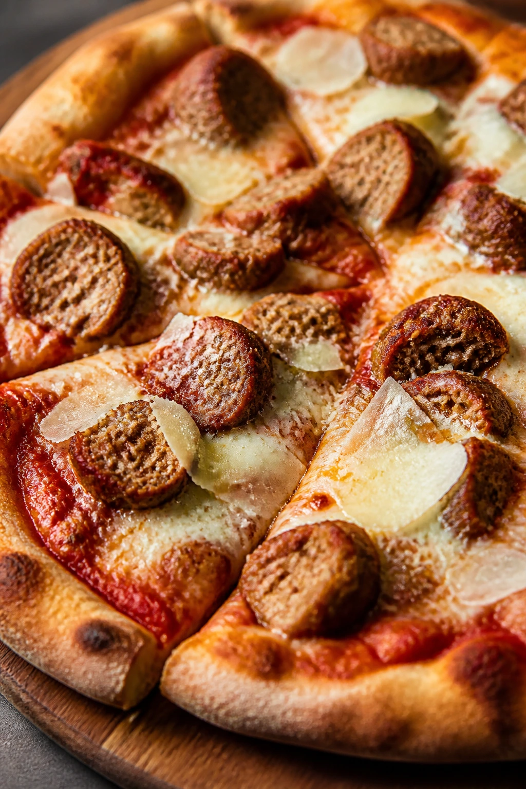 Meatball sub pizza with meatballs and cheese on wooden board