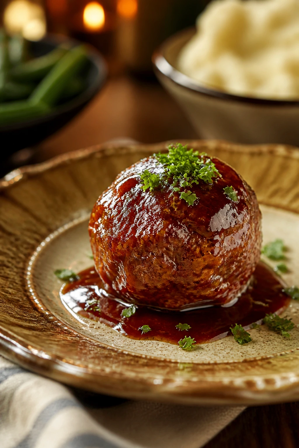 Glossy plated meatball with glaze and garnish