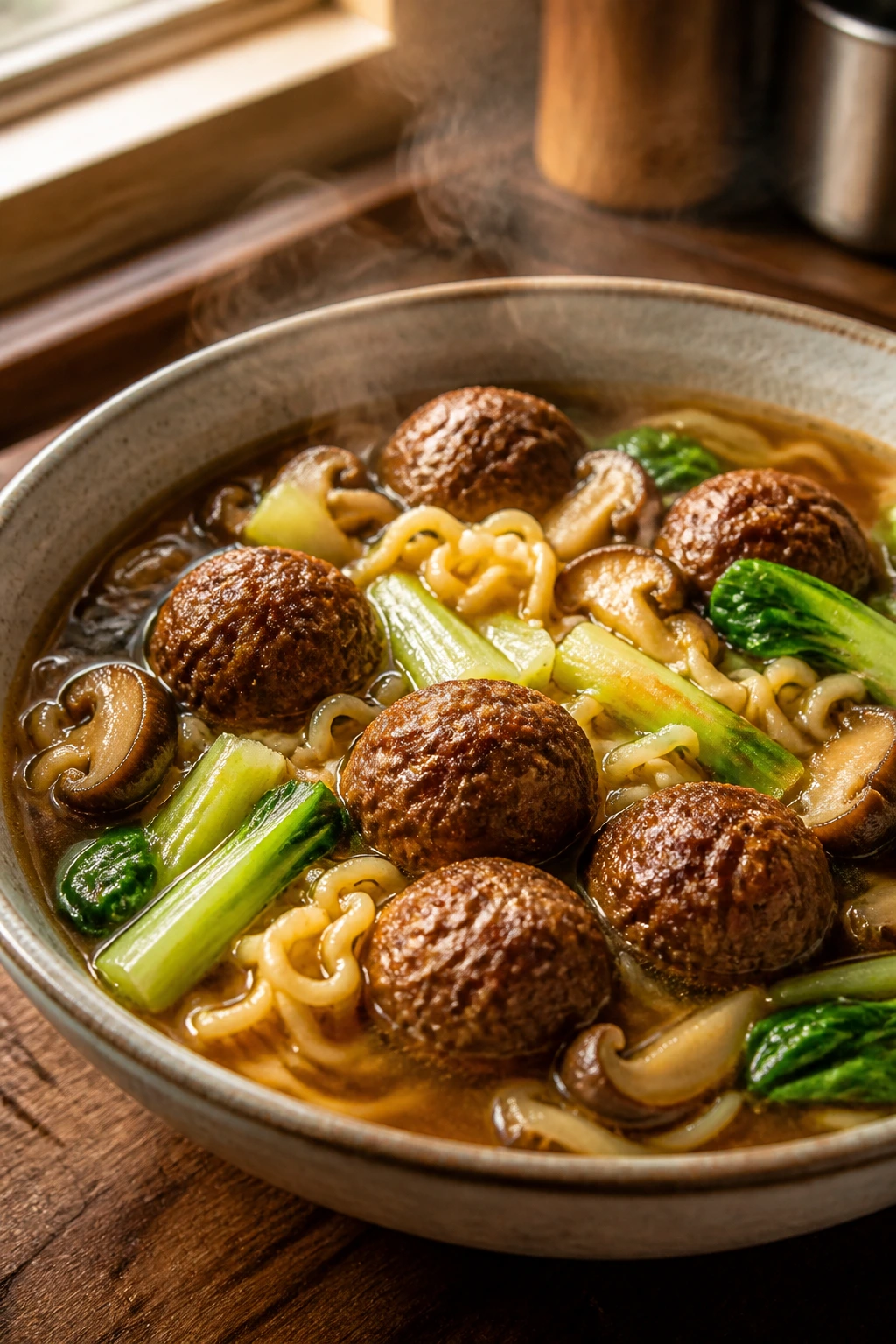 Close-up of steaming meatball ramen in a bowl with mushrooms and bok choy
