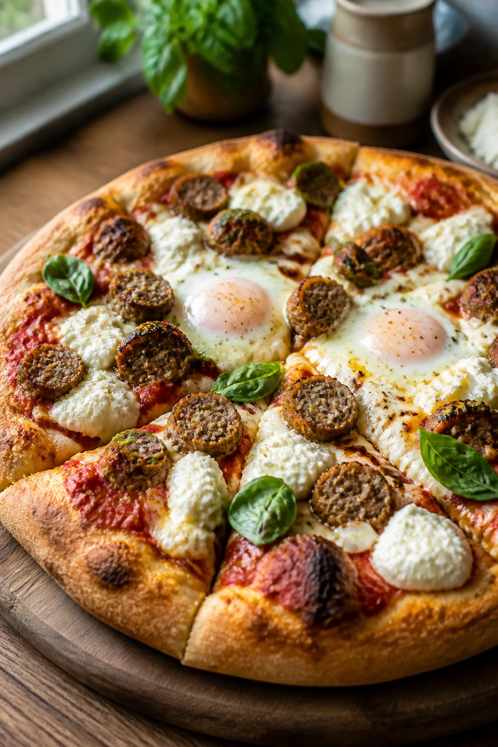 Meatball ricotta breakfast pizza with basil on wooden board