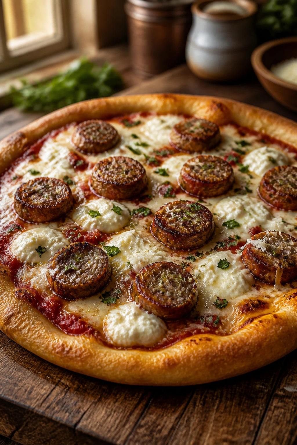 Close-up of meatball and ricotta pizza on wooden board with meatballs and ricotta dollops