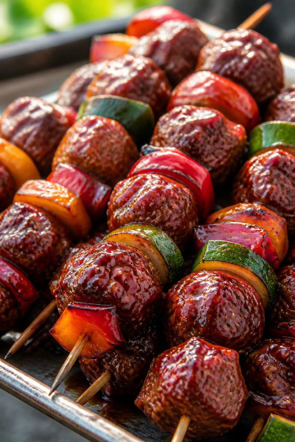 Close-up of BBQ meatball skewers with glaze on a grill tray.