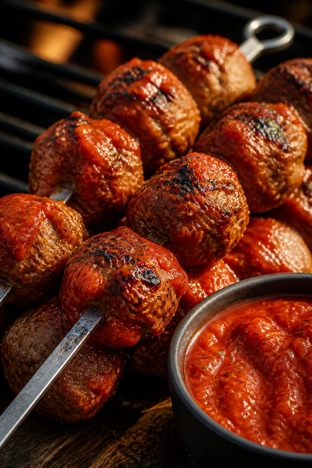Juicy meatball skewers with marinara glaze on a grill