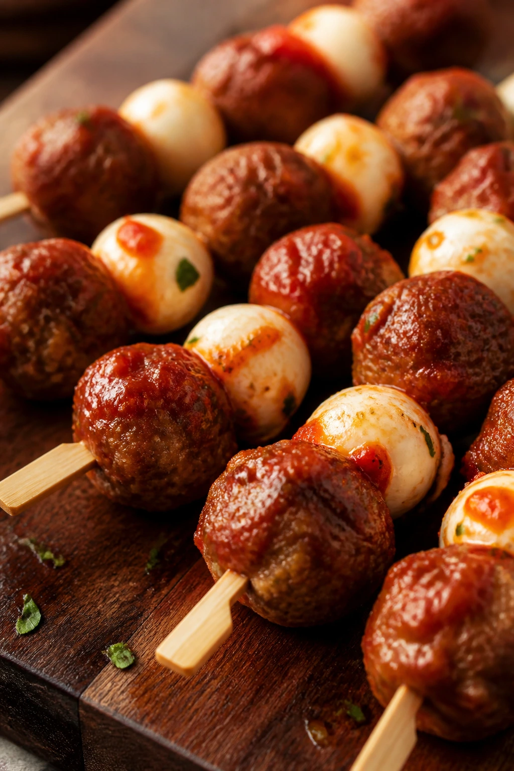 Close-up of mini meatball skewers with mozzarella on a wooden board