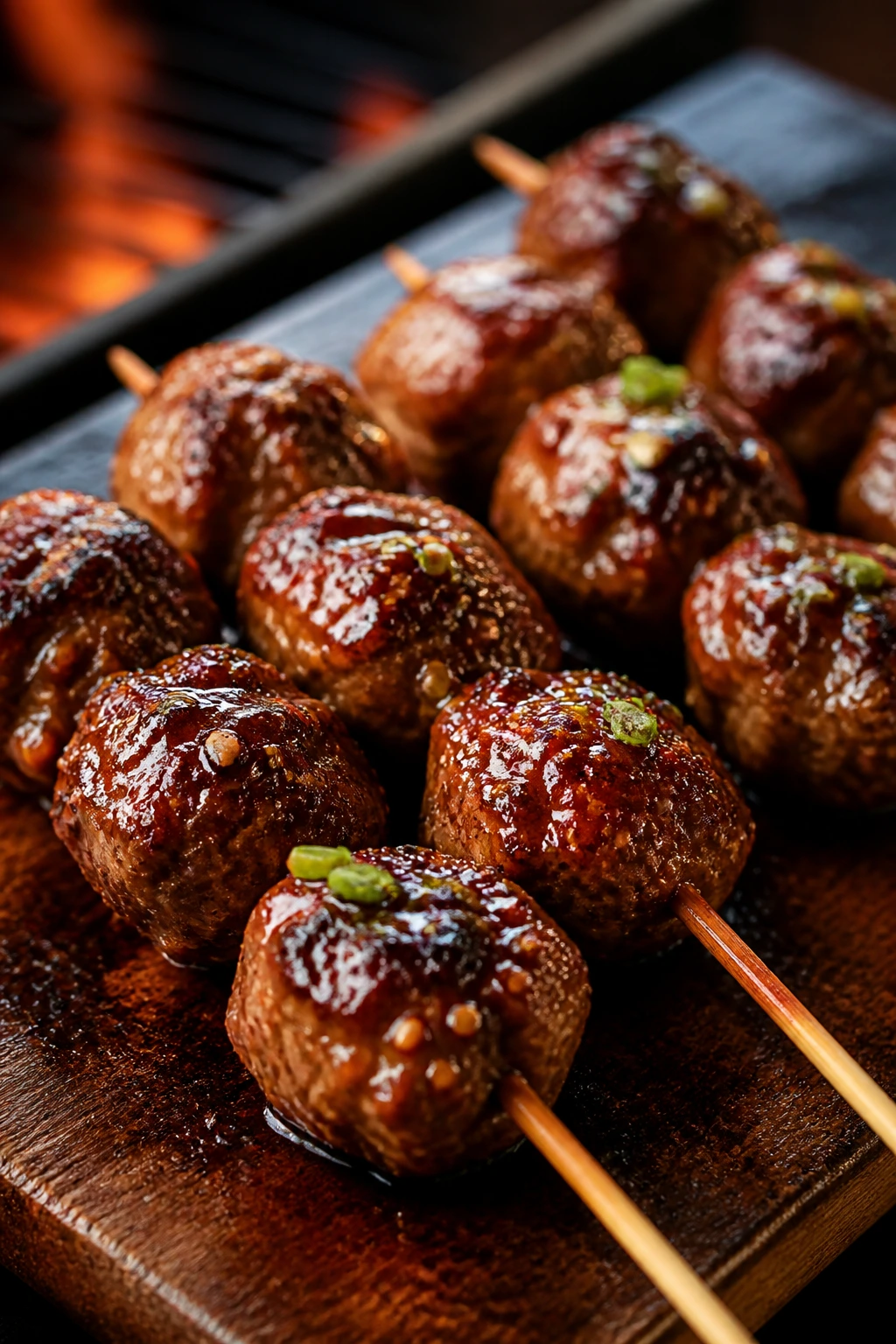 Beef meatball skewers with ssamjang glaze on a wooden board