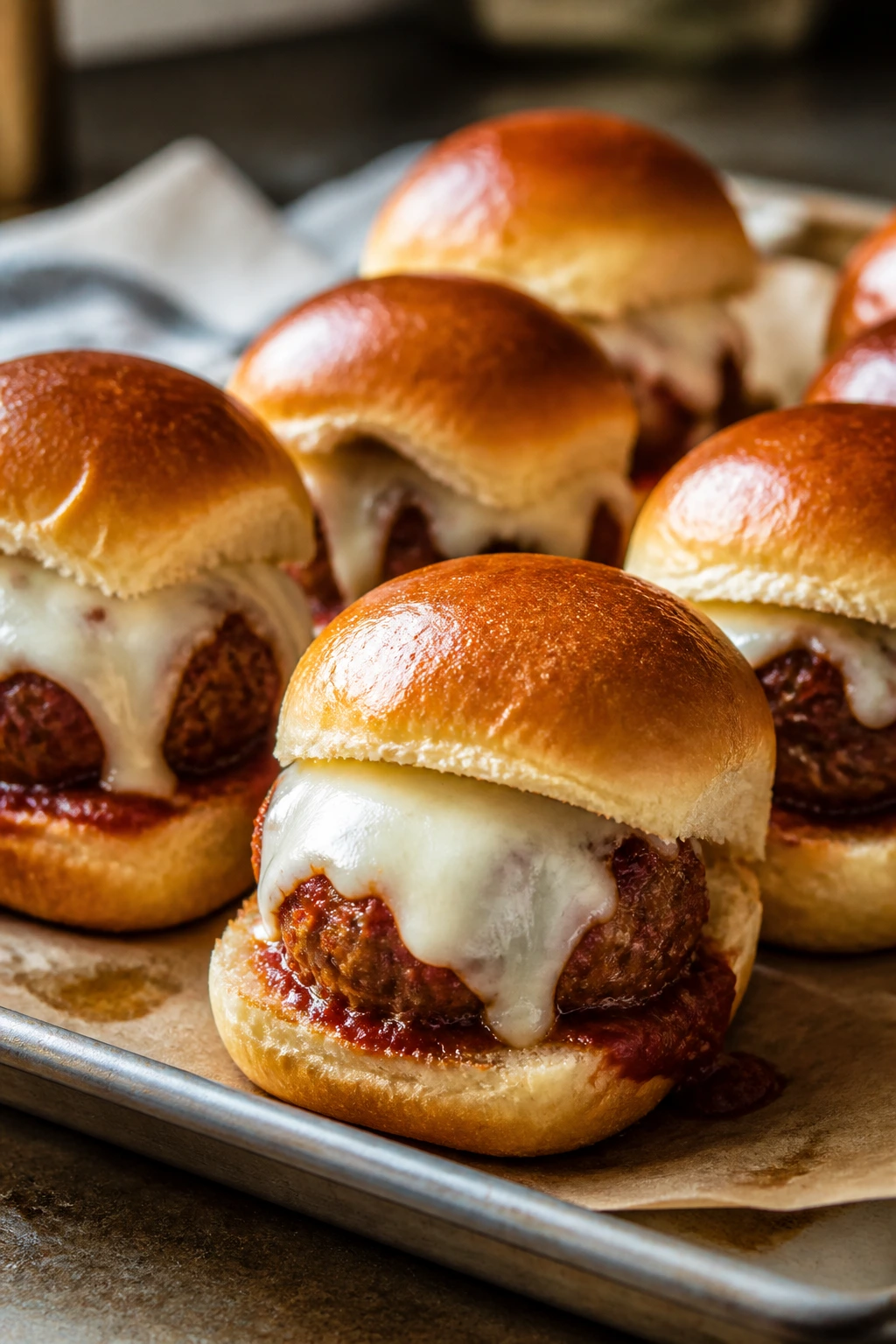 Close-up of meatball sliders with marinara and mozzarella on mini buns
