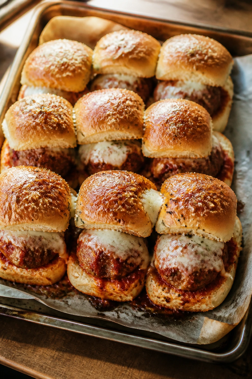 Tray of meatball sliders with marinara and melted mozzarella in a warm kitchen