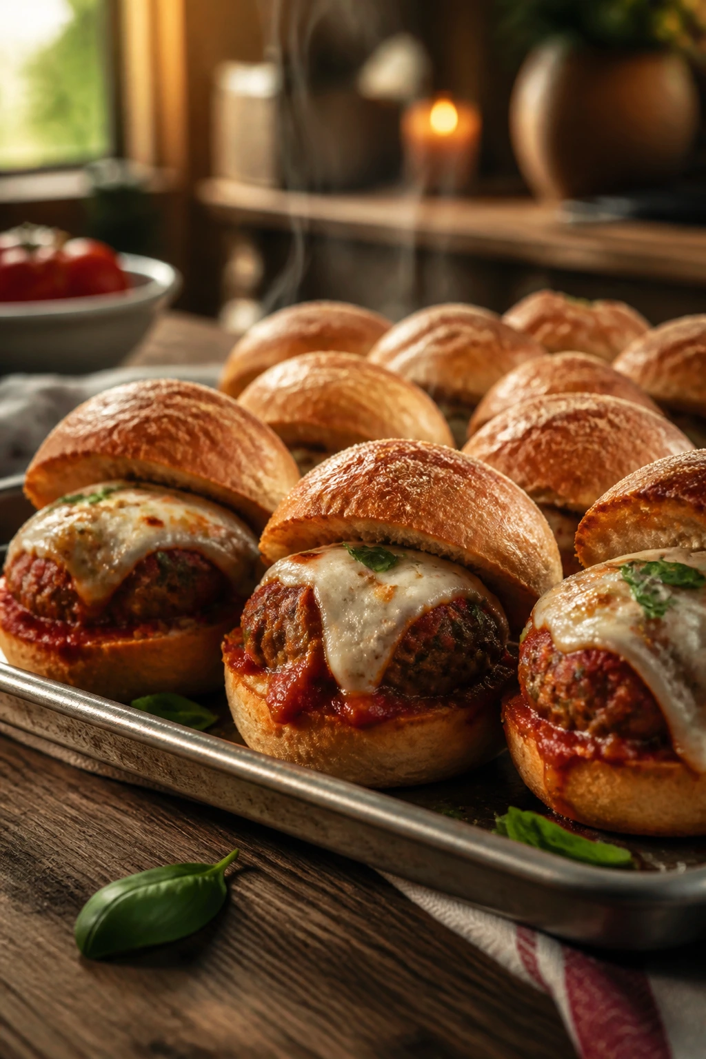 Close-up of meatball sliders on a cozy Italian table with melted mozzarella and basil
