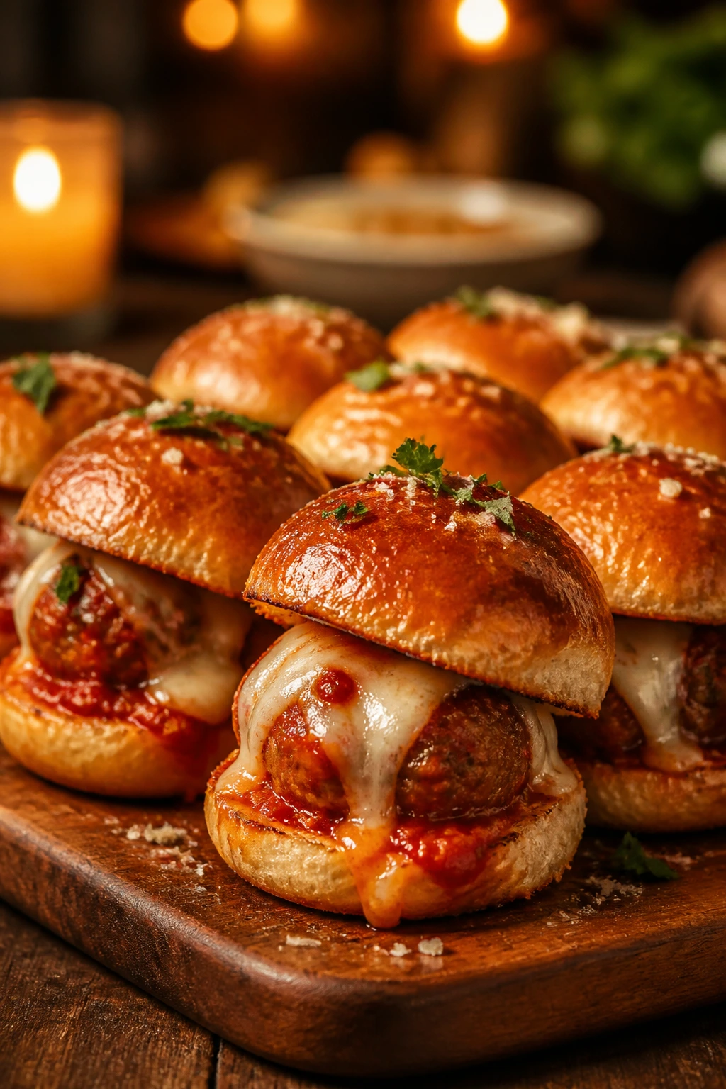 Tray of meatball sliders in cozy candlelit setting