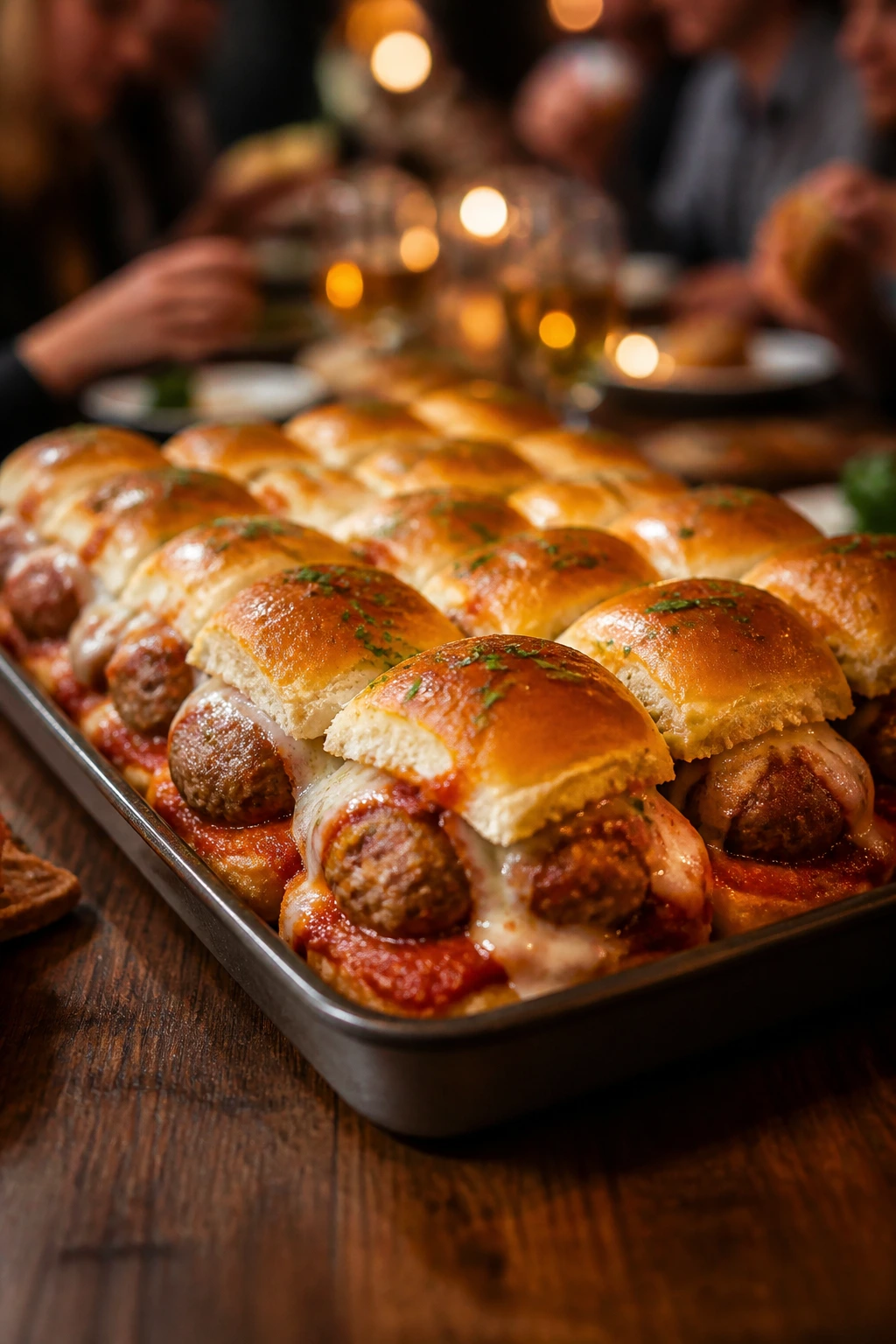 Tray of meatball sliders on a crowd-friendly table with blurred guests in background