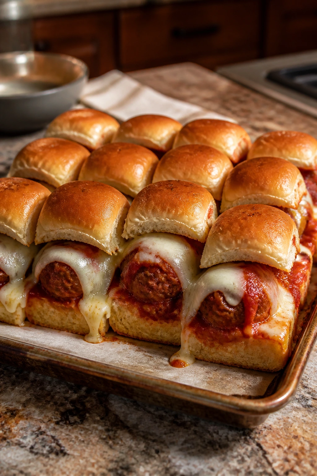Close-up of classic marinara and mozzarella sliders on a baking sheet