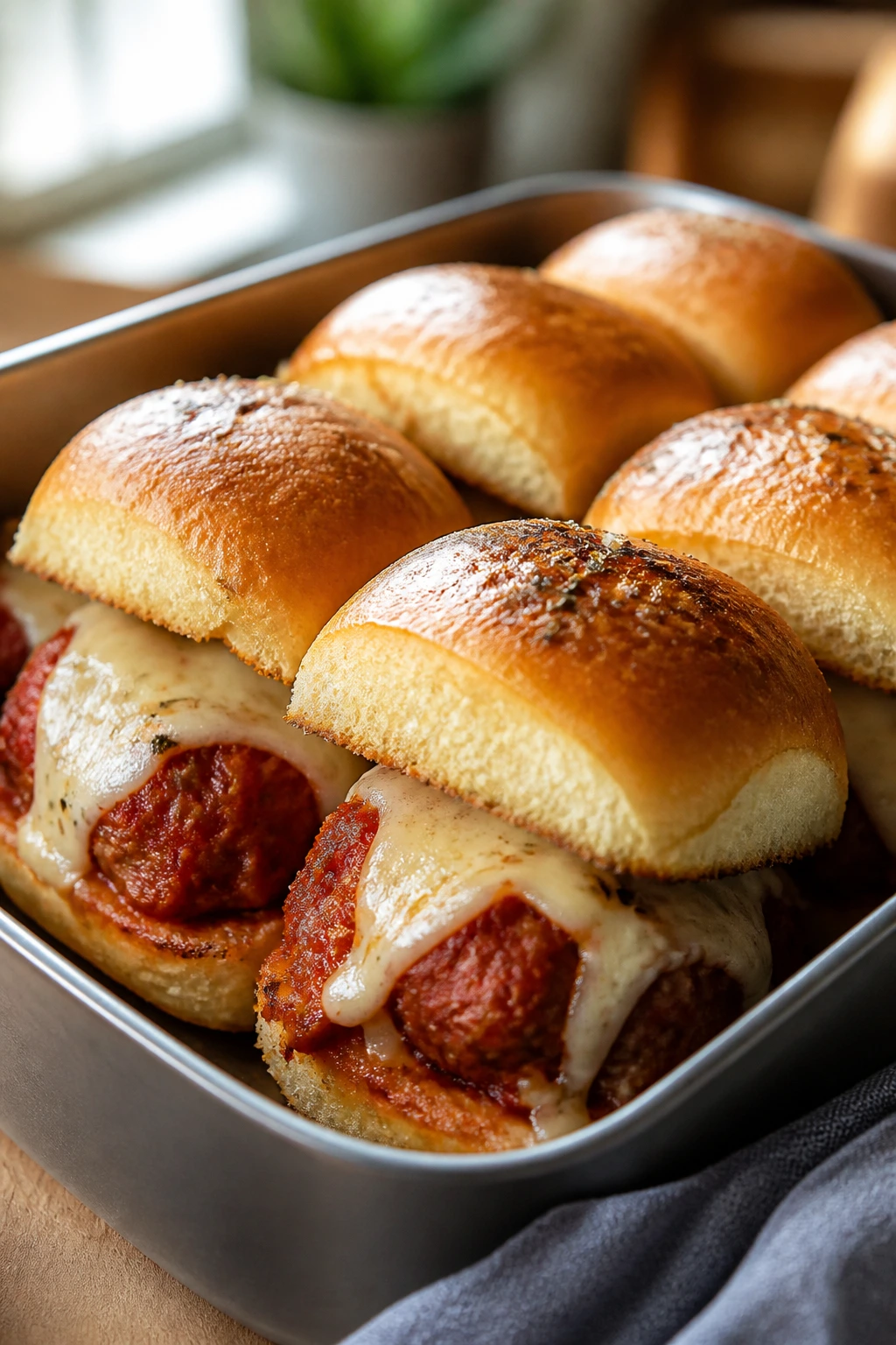 Meatball marinara sliders arranged in a small lunchbox