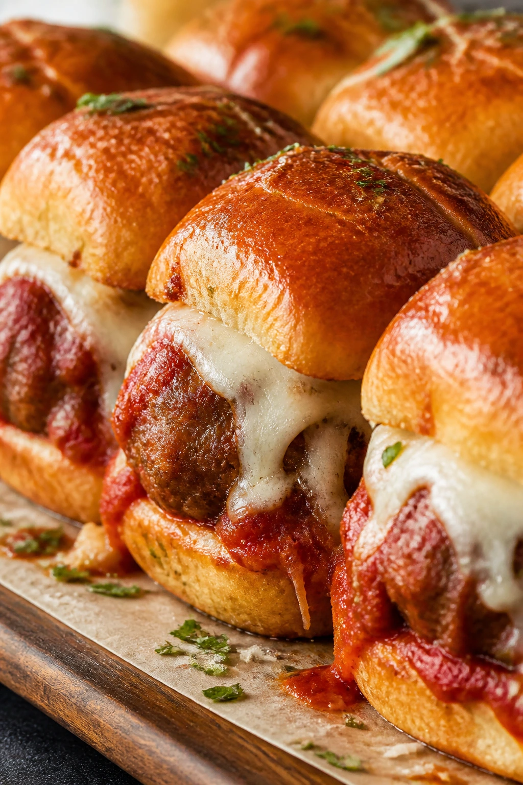 Close-up of meatball parmesan sliders on a board